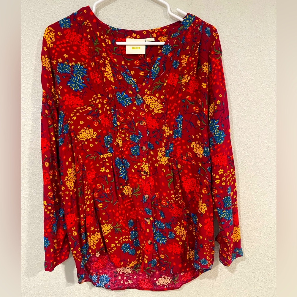 Burgundy Maeve Anthropologie Floral Button-Down Blouse – Size L